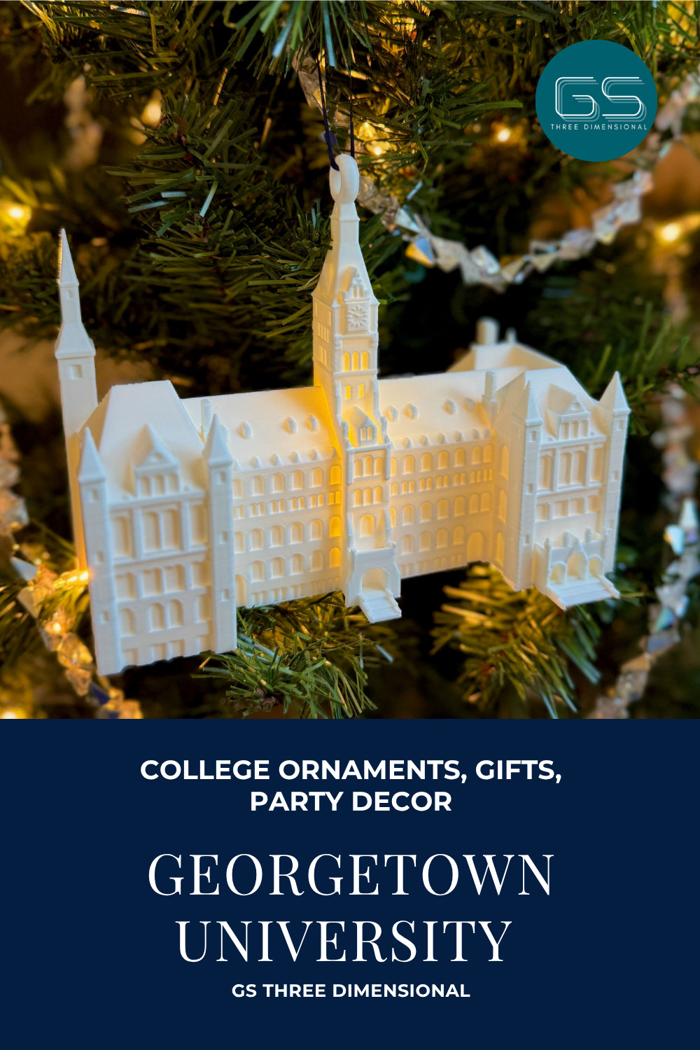 Georgetown University ornament of Healy Hall on a Christmas tree with 'GS Three Dimensional' branding.