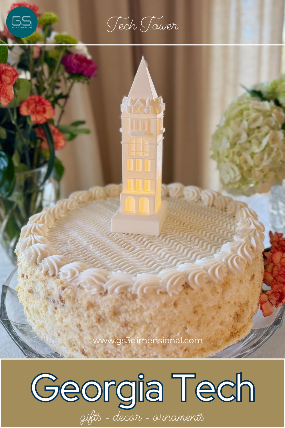 Georgia Tech cake topper light designed as the Tech Tower building and shown on a cake that could be for a graduation party or a groom's cake.
