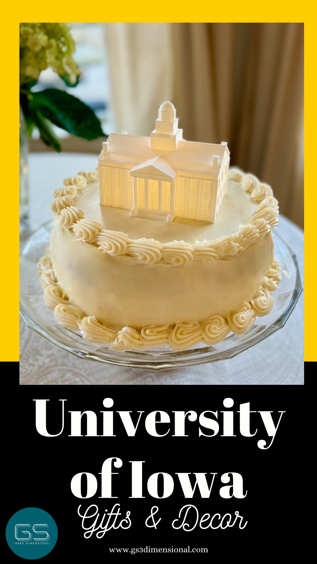 University of Iowa cake topper shown at a graduation party or wedding celebration, designed as a replica of the Old Capitol building.