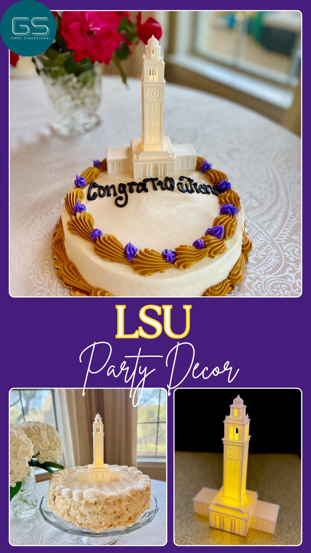 LSU-themed party decor including a cake with a mini Big Ben model and a lit tower.