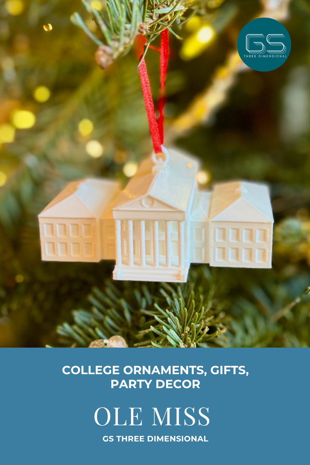 Decorative ornament of the Ole Miss Lyceum building on a Christmas tree with 'GS Three Dimensional' branding.