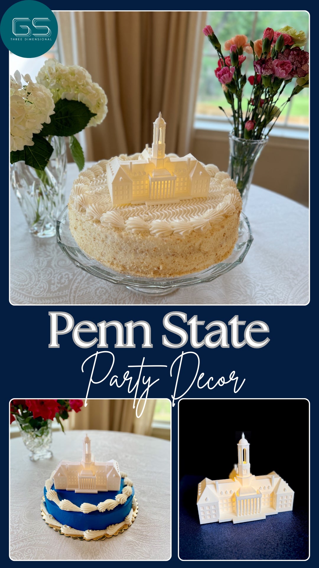 Penn State graduation cake with an Old Main cake topper with LED light.