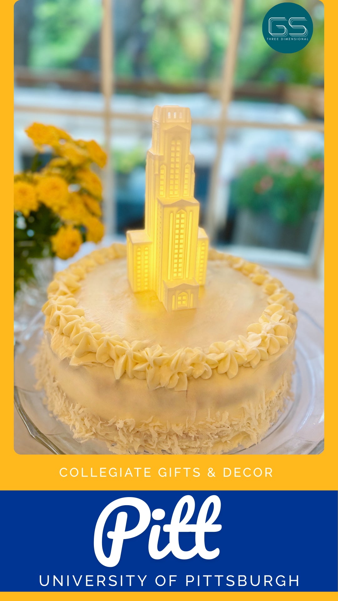 Pitt cake topper with LED light, shown on a graduation or wedding celebration cake.