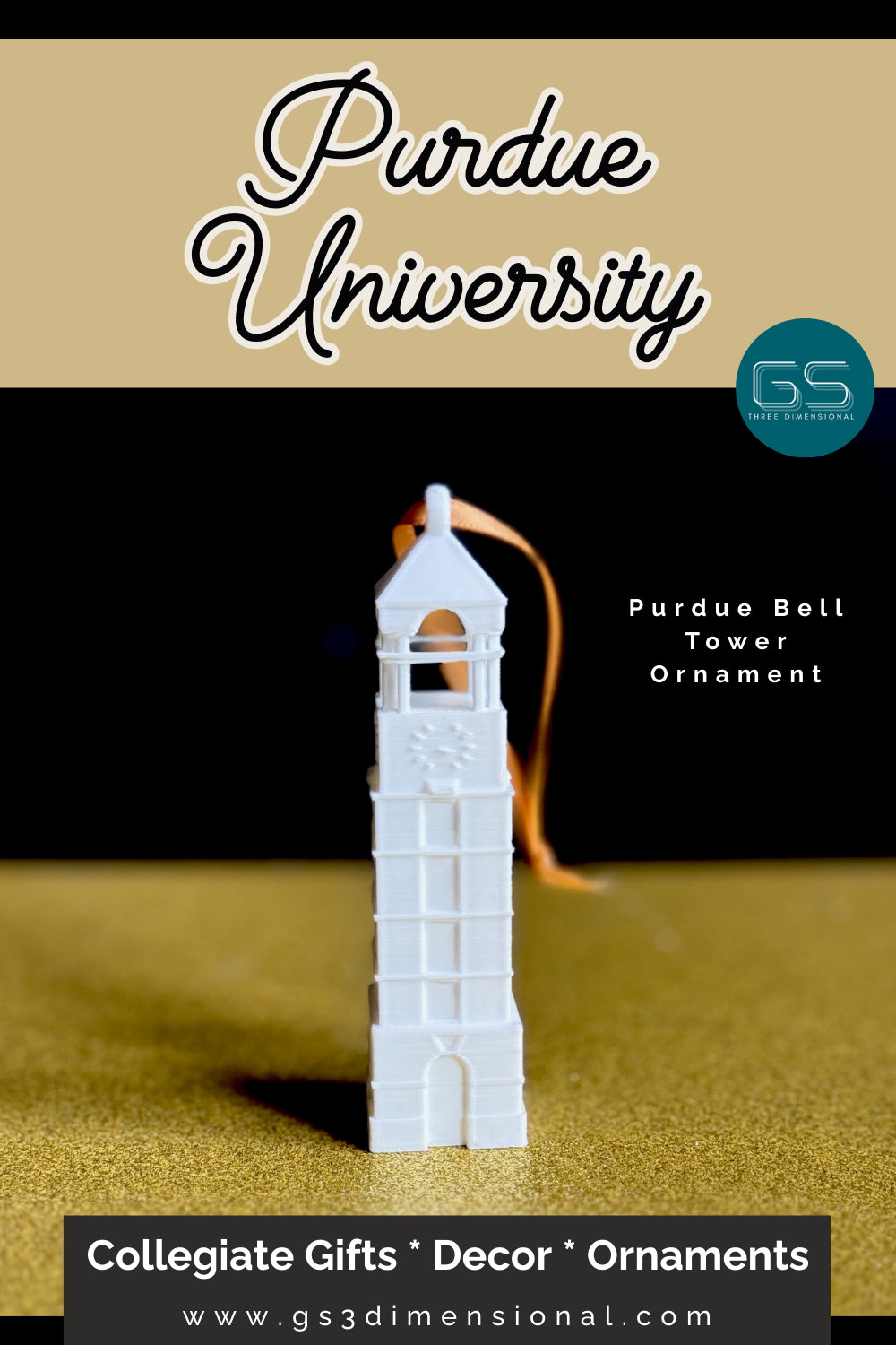 The Purdue University Bell Tower ornament shown against a black and gold background.