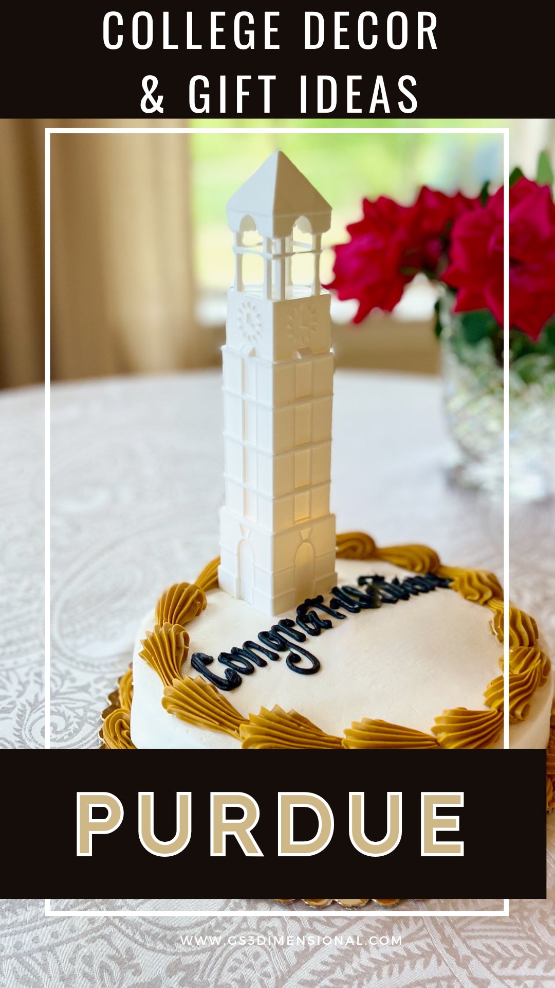 Purdue party decor, a cake topper shaped as the Purdue Bell Tower, shown on a graduation cake.