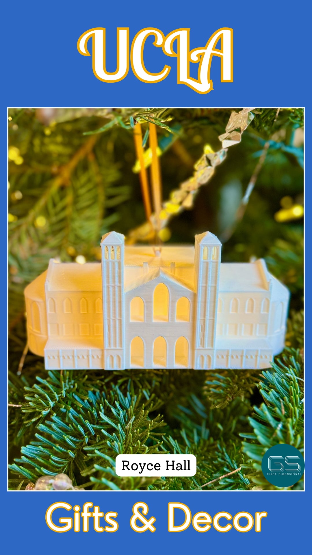 UCLA Royce Hall illuminated 3D printed ornament – unique campus landmark Christmas gift.
