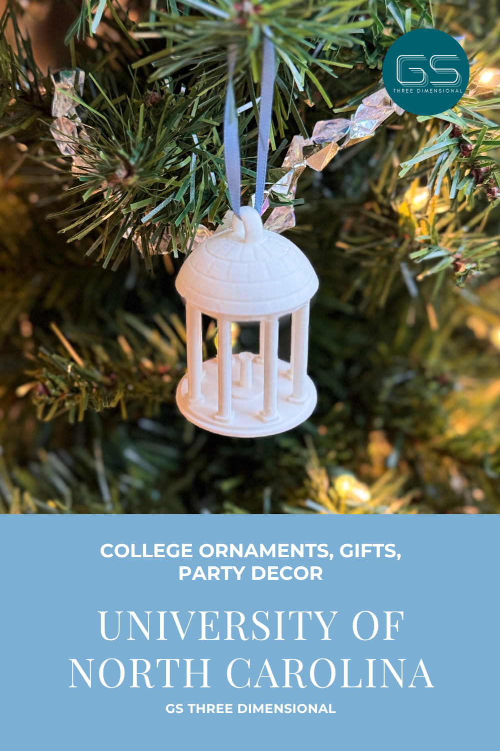 Decorative UNC Old Well ornament on a Christmas tree with 'GS Three Dimensional' branding.