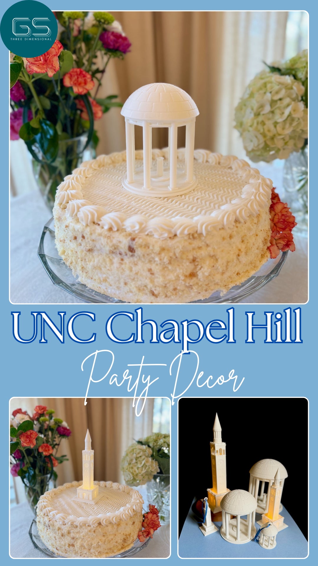 UNC party decor shown at a graduation party and at a wedding.