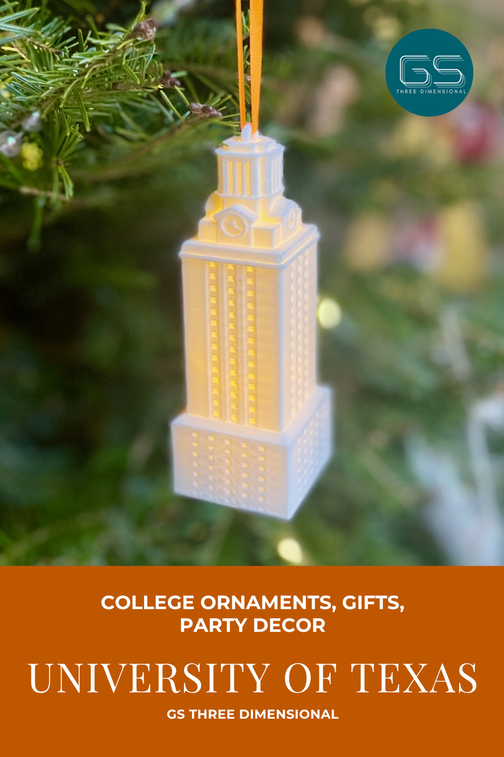 University of Texas UT Tower ornament, shown on a christmas tree with GS Three Dimensional branding.