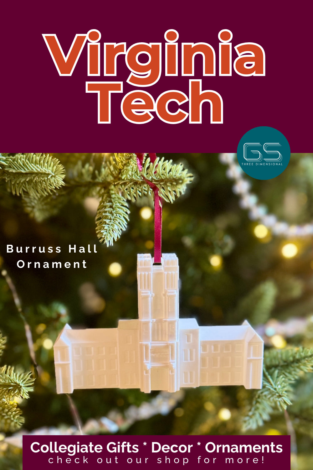 Virginia Tech ornaments for her, designed as Burruss Hall.