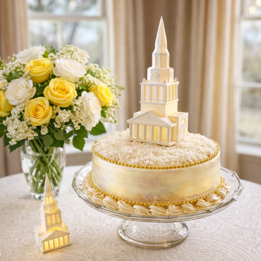 The Wake Forest figurines, shown in use as a cake topper and party centerpiece at a graduation or wedding.